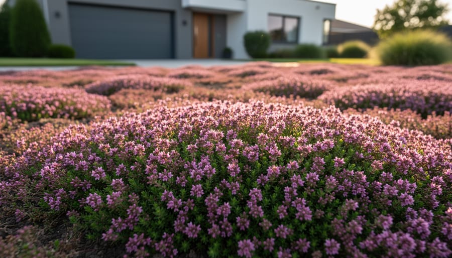 Creeping thyme ground cover with purple flowers as drought-resistant lawn alternative