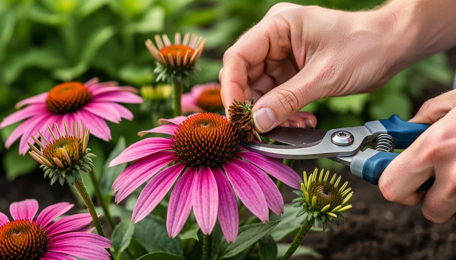 Gardener's hands deadheading spent flowers to encourage more blooms