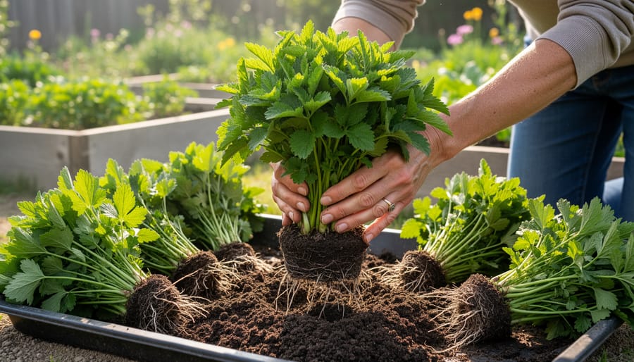 Gardener's hands dividing herb plant showing roots and soil