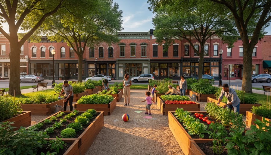 Restored civic garden in a downtown heritage district with raised beds, shade trees, and a central path; people tending plants and children playing; historic brick buildings and cast-iron lampposts in the background under warm evening light.