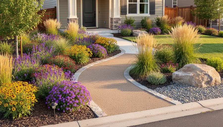 Drought-resistant front yard featuring lavender, ornamental grasses, and decorative rock elements