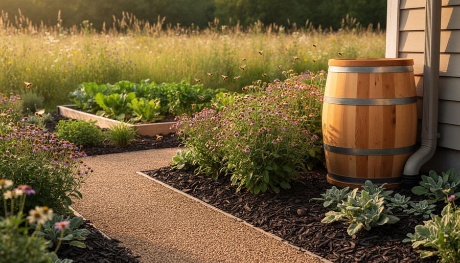 Eco-friendly backyard with native flowering perennials, thick mulch, a decomposed-granite path, and a cedar rain barrel by a downspout; bees forage on blooms in warm golden-hour light.
