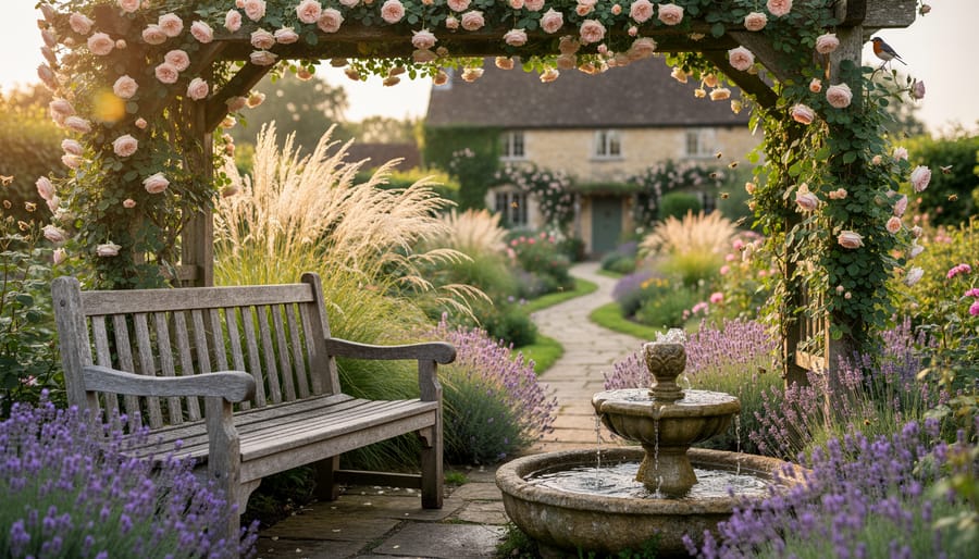 Eye-level view of an English garden seating area with a weathered wooden bench and small bubbling urn fountain, bordered by lavender and swaying ornamental grasses, with a robin on a rose-covered arbor in warm golden light; distant path and cottage elements softly blurred.