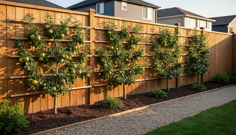 Apple tree trained in espalier pattern against brick wall showing horizontal branch structure