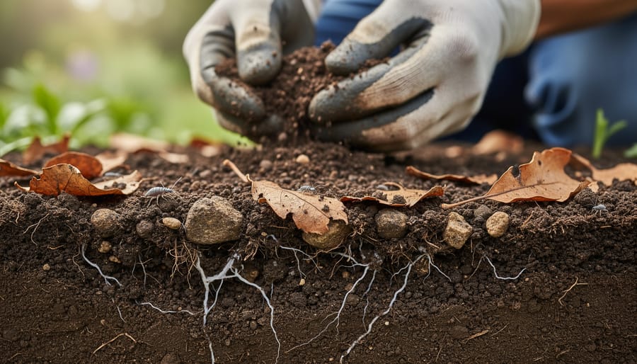 Close-up of rich dark garden soil with organic matter held in gardener's hands