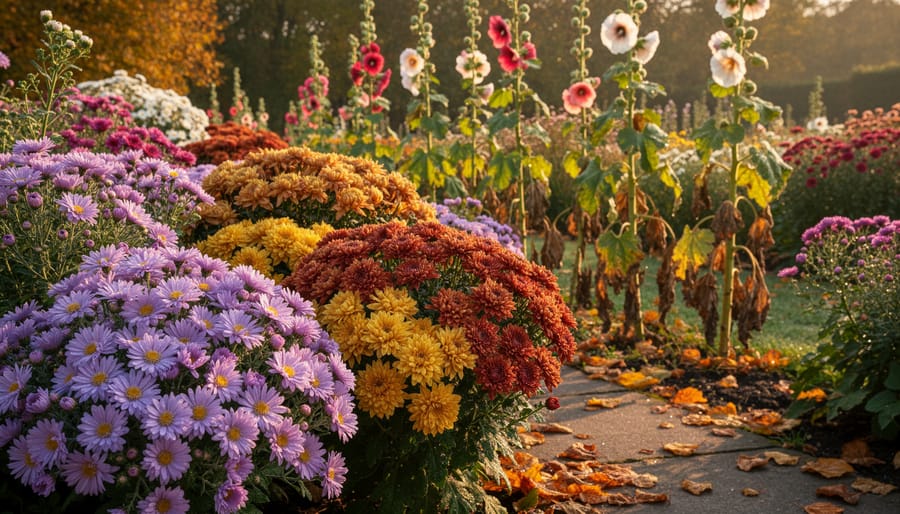 Purple asters and yellow chrysanthemums blooming in front of fading hollyhock stalks in autumn garden