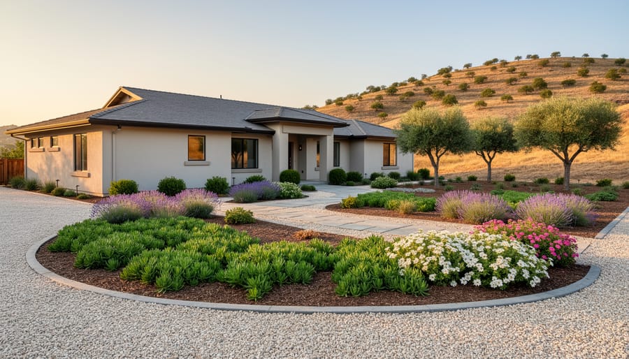 Front yard of a modern house designed for wildfire resilience, showing a five-foot gravel zone at the foundation, beds of ice plant, lavender, and rockrose, widely spaced shrubs, pruned broadleaf trees, a clean roofline, stone path, and an open, cleared area leading to a hillside.