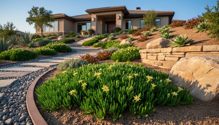 Aerial view of home with three zones of fire-resistant landscaping showing proper plant spacing and defensible areas
