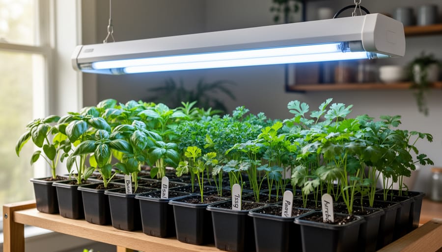 Healthy seedlings growing under fluorescent grow lights in propagation trays