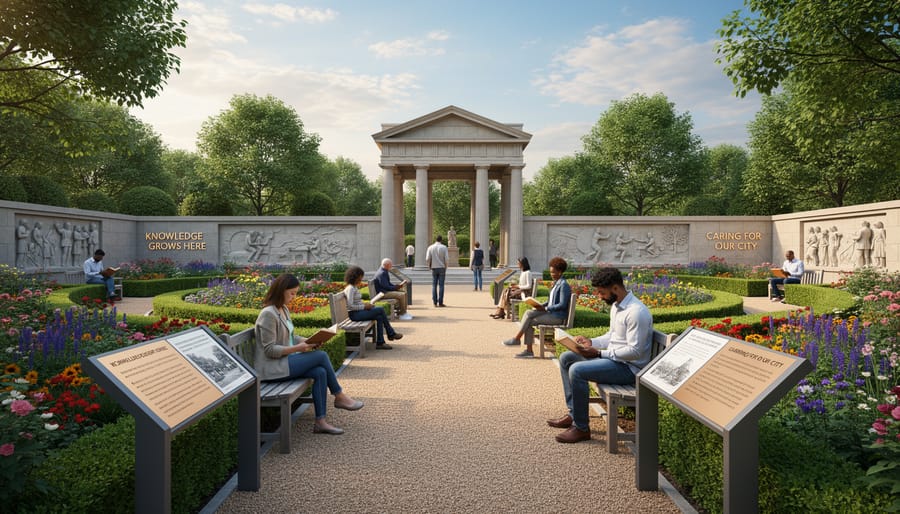 Victorian-era formal public garden with symmetrical pathways, flower beds, and classical monument