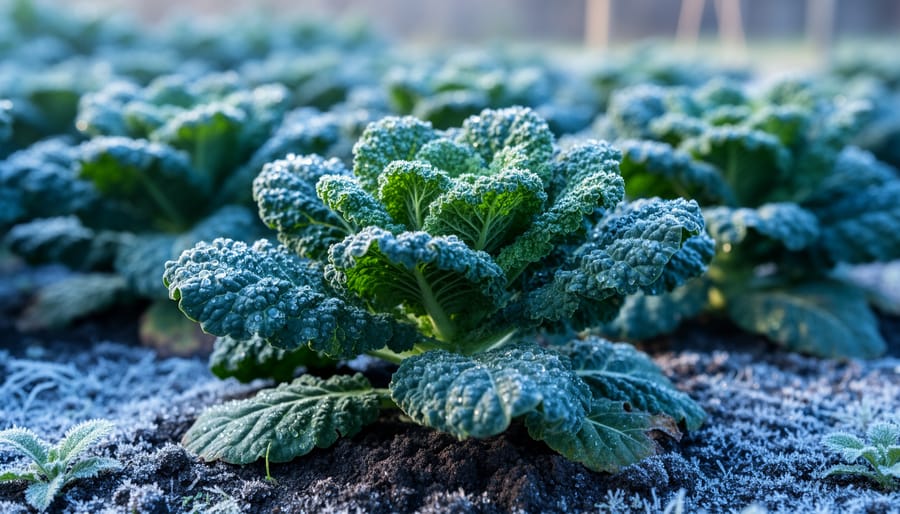 Frost-covered kale leaves with ice crystals showing cold-hardy vegetable resilience