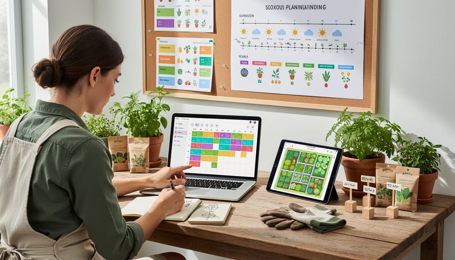 Overhead view of gardener organizing seed packets and planning materials on wooden work surface
