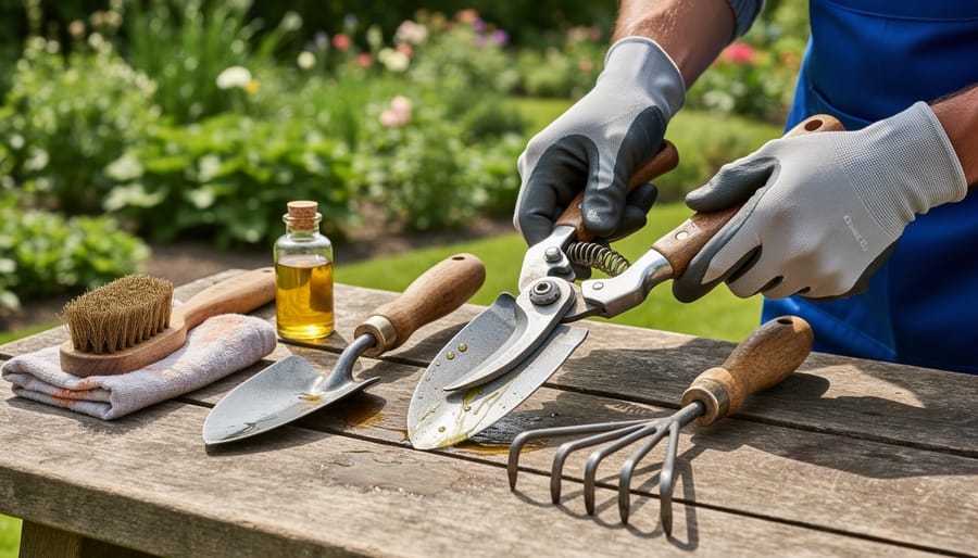 Close-up of hands applying oil to garden shovel blade for rust prevention