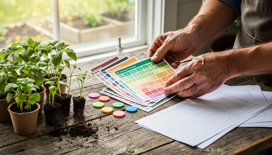 Gardener’s hands sorting seed packets, colored stickers, a blank grid notebook, seedlings, and pruning shears on a rustic wooden table with soft daylight and a blurred view of garden beds beyond a window.