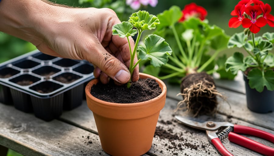 Hand inserting a 4-inch geranium stem cutting into moist soil in a terracotta pot on a potting bench, with blurred seedling tray, divided geranium clump, pruning shears, and blooming geraniums in the background.