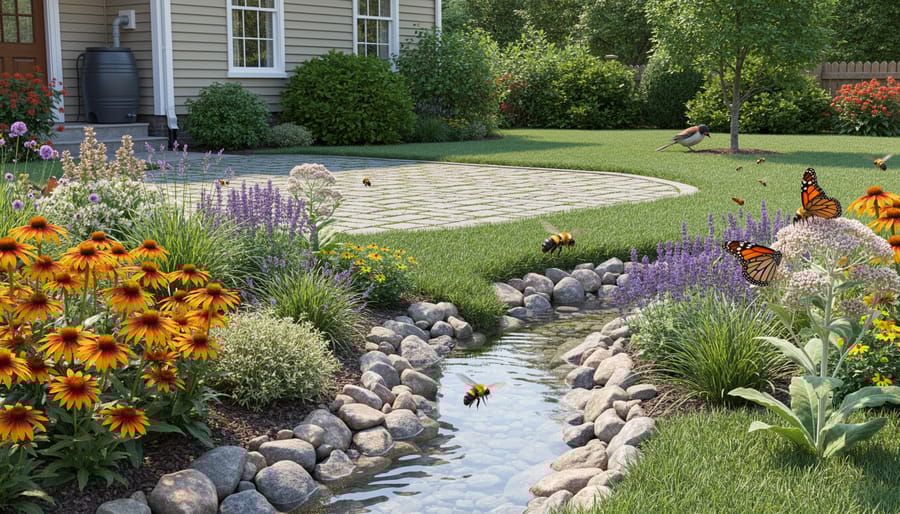 Monarch butterfly on purple coneflower with well-maintained residential yard in background