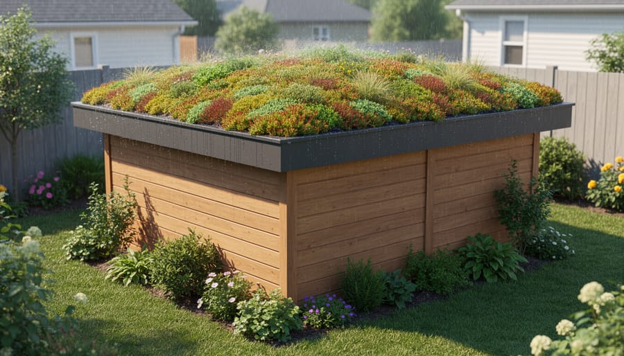 Garden shed with living green roof covered in sedum plants and grasses against blue sky