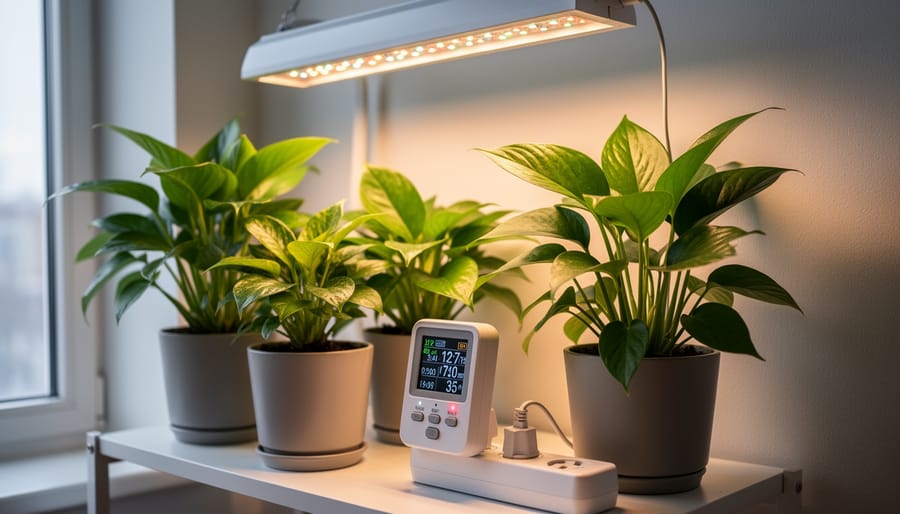 Light timer connected to indoor grow lights with herb plants on shelf
