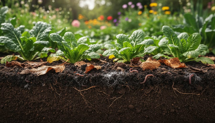 Hands holding rich dark soil with visible earthworms and decomposing organic matter