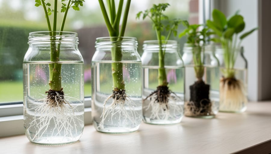 Rosemary cutting in glass jar showing white roots developing in water