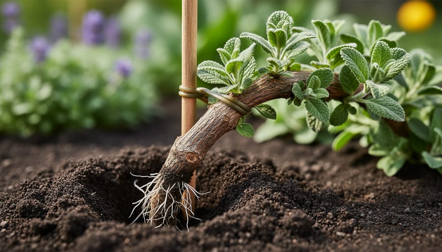 Lavender stem layered into soil with wooden peg, still attached to parent plant