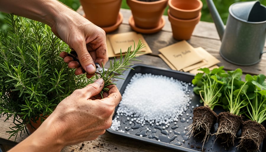 Gardener’s hands cut a rosemary stem below a leaf node over a tray of moist perlite, with small divided perennial clumps, terracotta pots, unmarked seed envelopes, and a watering can softly blurred in the background under gentle morning light.