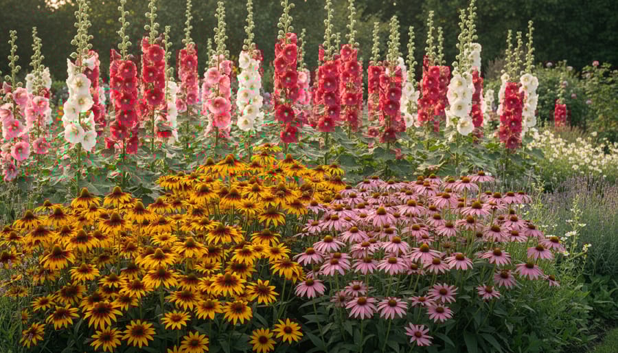Coneflowers and black-eyed Susans blooming in front of tall hollyhock stalks showing layered planting design