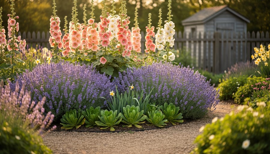 Tall pink and white hollyhocks blooming behind purple catmint and blue salvia in warm evening light, with daffodil foliage and young sedum at the base, and a softly blurred garden path and rustic fence in the background.