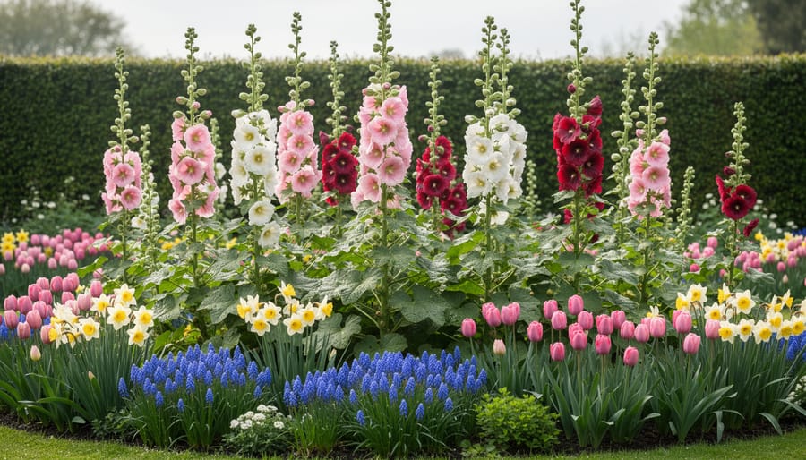 Tall pink and white hollyhocks blooming above spring bulb foliage in a layered garden setting