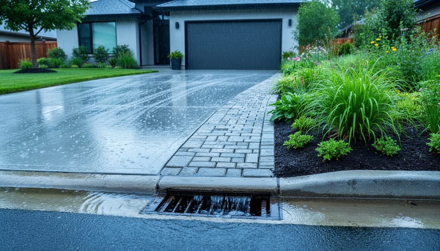 Wet concrete driveway channels rain toward a curb storm drain while a nearby permeable paver path and rain garden absorb water; suburban house and trees softly blurred in the background under overcast light