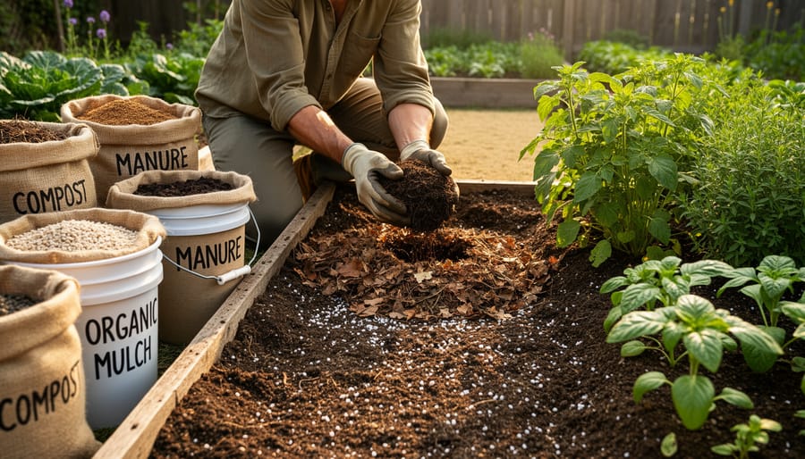 Gardener's hands mixing compost and organic matter into garden soil