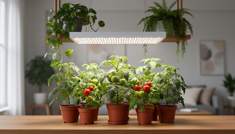 Eye-level view of thriving tomato and pepper plants under a bright white LED grow light, with a pothos and a fern positioned farther away on a shelf, soft window daylight and a blurred modern apartment background.