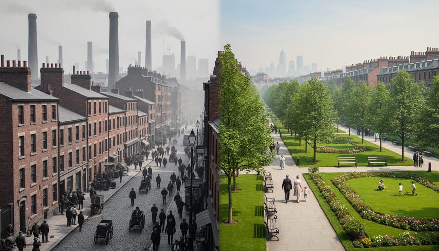 Historic urban street showing dense industrial-era city conditions with minimal green space