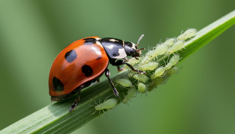 Close-up of red ladybug on aphid-infested plant stem in garden
