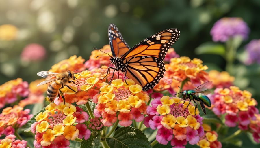 Multiple bees and butterflies feeding on bright orange lantana flower clusters