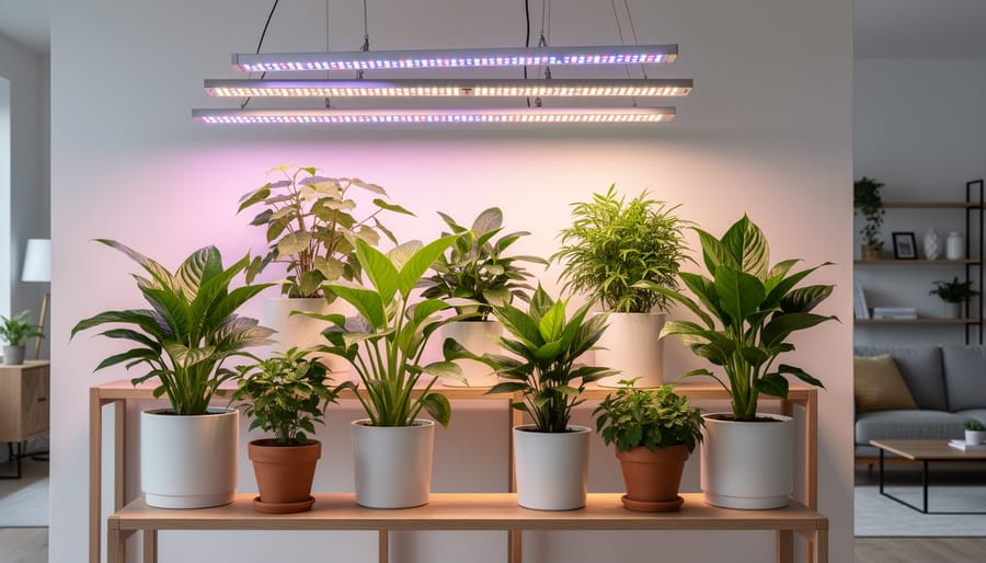 Healthy indoor plants growing under purple LED grow lights in home setting