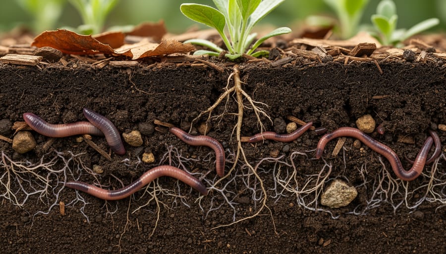Cross-section of rich garden soil showing earthworms and white fungal threads among organic matter