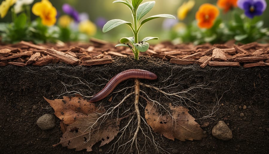 Cross-section photo of healthy garden soil showing an earthworm, fine mycorrhizal threads, plant roots, and decomposing leaf litter below a small native seedling, with blurred flowers above the soil line.
