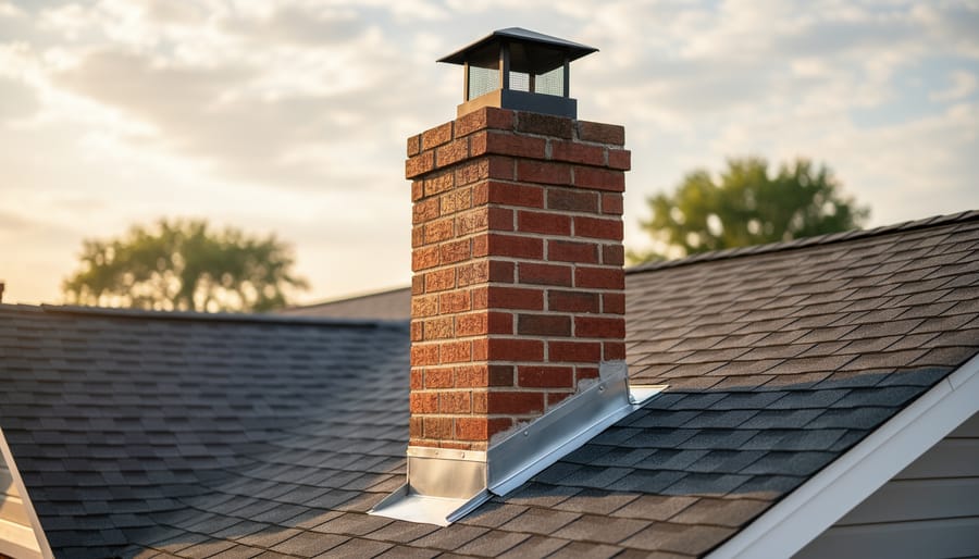 Well-maintained brick chimney on residential roof after waterproofing treatment