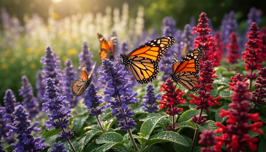 Monarch butterfly with outstretched wings feeding on purple salvia flowers