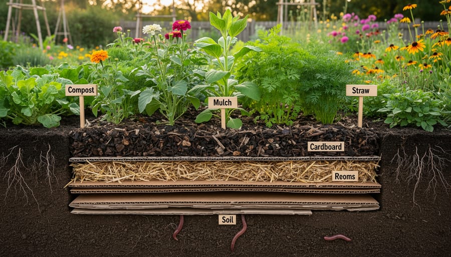 Layered no-dig garden bed with mulch, compost, and emerging vegetable seedlings