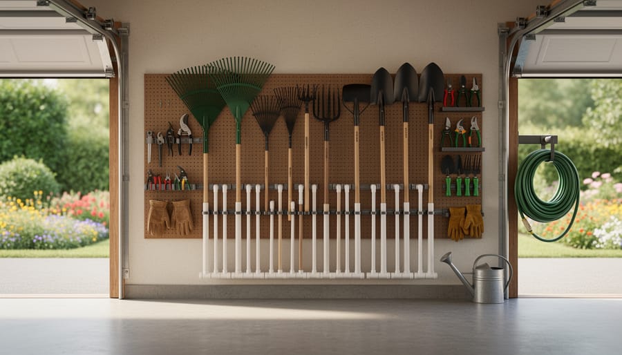 Straight-on photo of an organized garage: rakes, hoes, and shovels on a pegboard; long-handled tools in wall-mounted PVC/bracket holders; a small-tool station with pruners, trowels, and gloves; and a coiled hose with watering can near the sunlit open door, driveway and flowerbeds softly blurred outside.