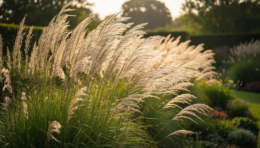 Ornamental grasses swaying in the breeze in an English garden setting