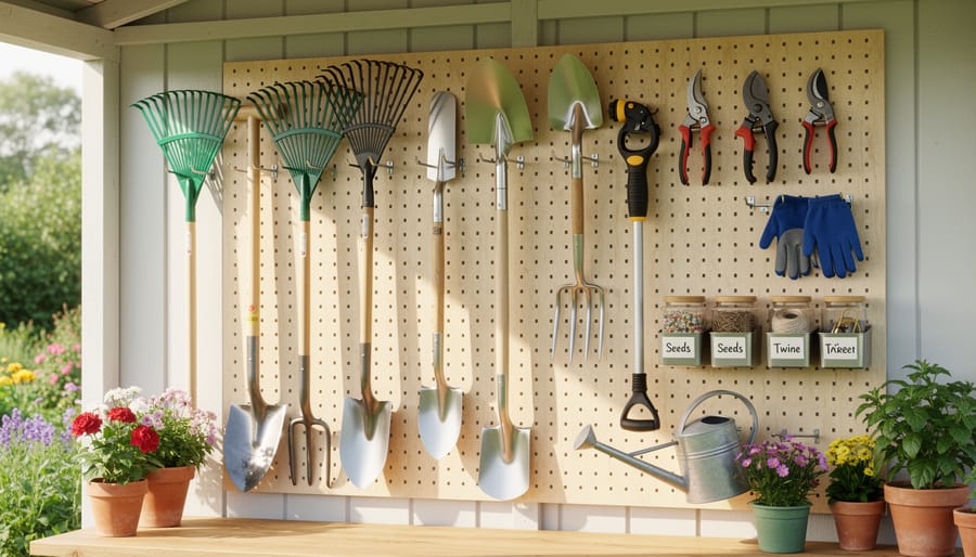 Organized garage wall with garden tools hung on pegboard system including rakes, shovels, and hand tools