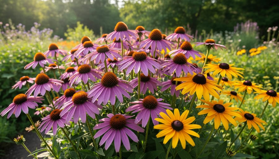 Purple coneflowers and yellow black-eyed Susans blooming together in garden