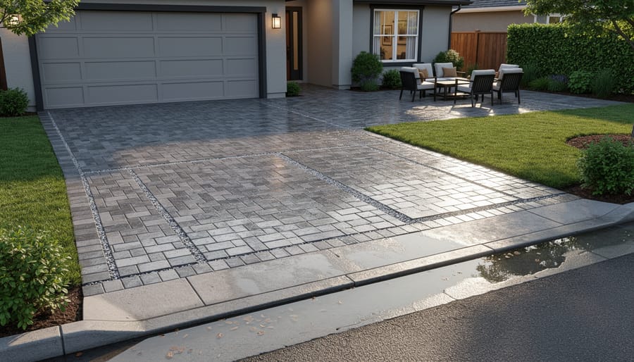 Close-up of permeable grid pavers with grass growing through openings