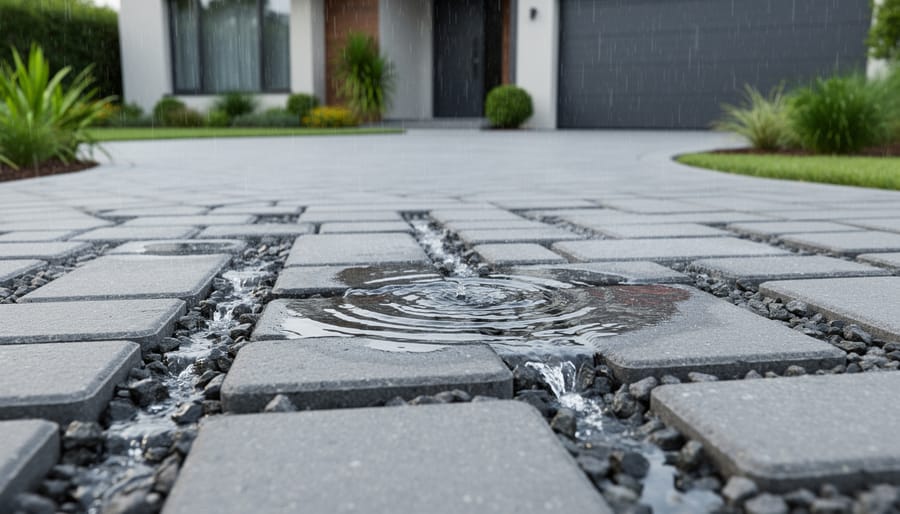 Overhead view of permeable paver patio with water soaking through gaps between stones