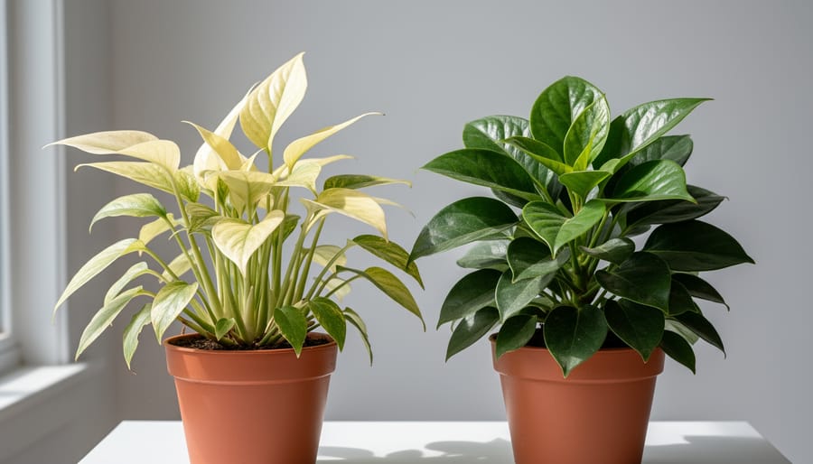Comparison of healthy dark green plant leaves and pale stretched leaves from inadequate lighting