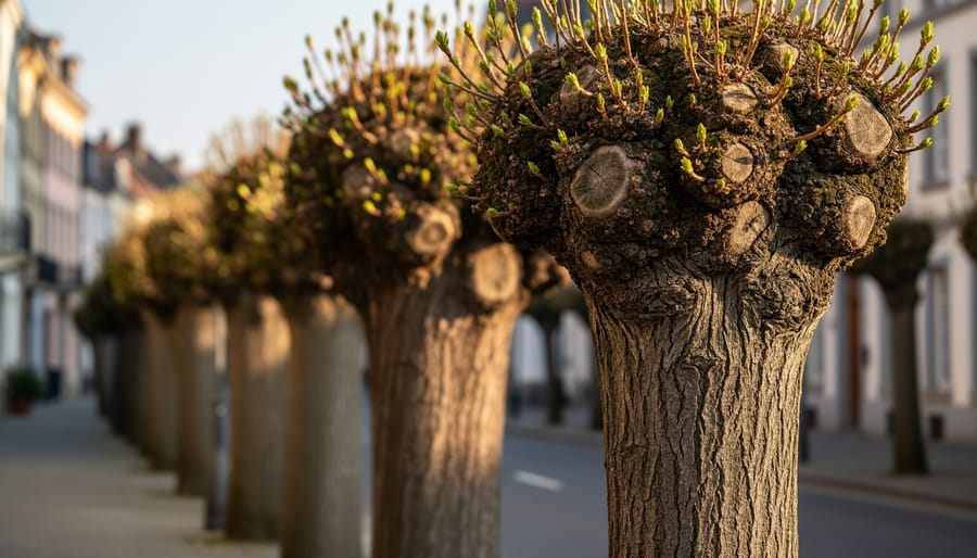 Pollarded willow tree showing characteristic trunk with multiple young shoots