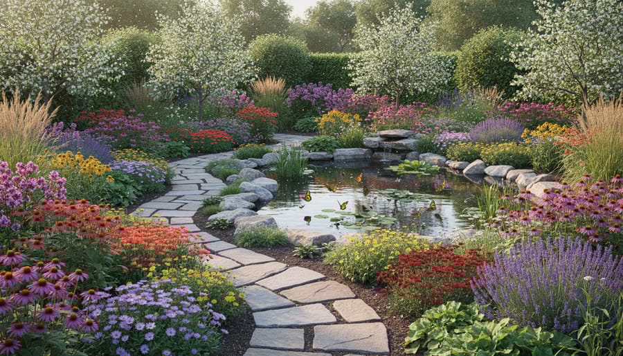 Well-designed pollinator garden with grouped colorful flowers and water feature